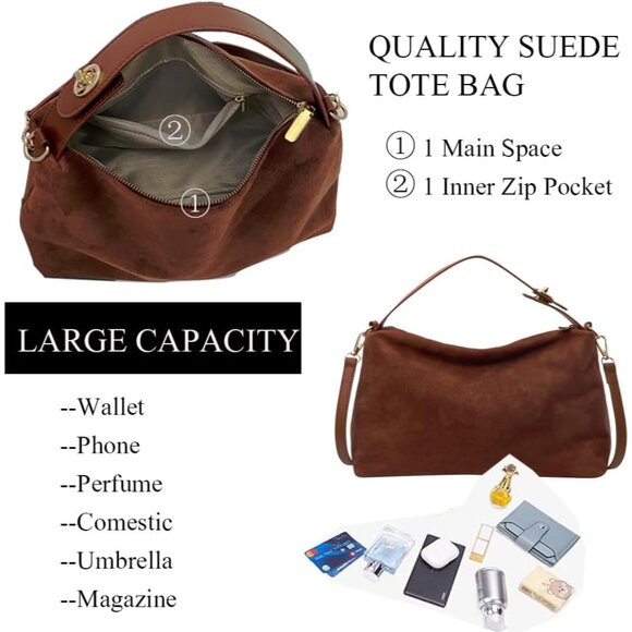 Chic Brown Suede Hobo Bag for Women – Vintage Slouchy Tote with Adjustable Strap - Picture 4 of 6